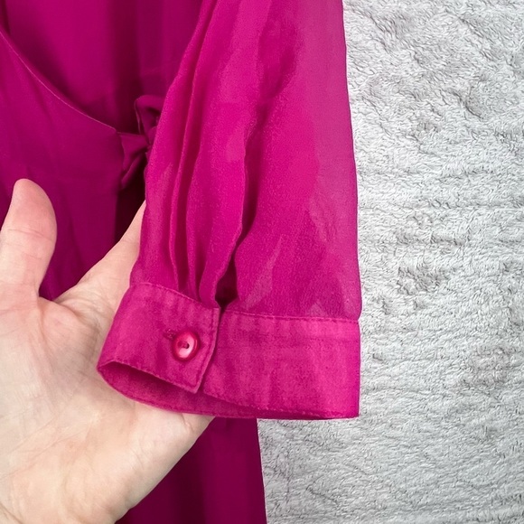 Vintage ICE Women’s Silk Chiffon Fairy Wrap Dress Pink Tropical Palm Print Sz 14 - Picture 8 of 16